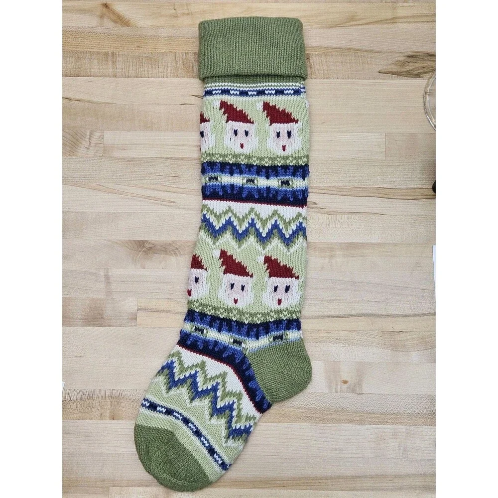 POTTERY BARN KIDS Fair Isle Knit Santa Green CHRISTMAS STOCKING Wool Cotton PBK